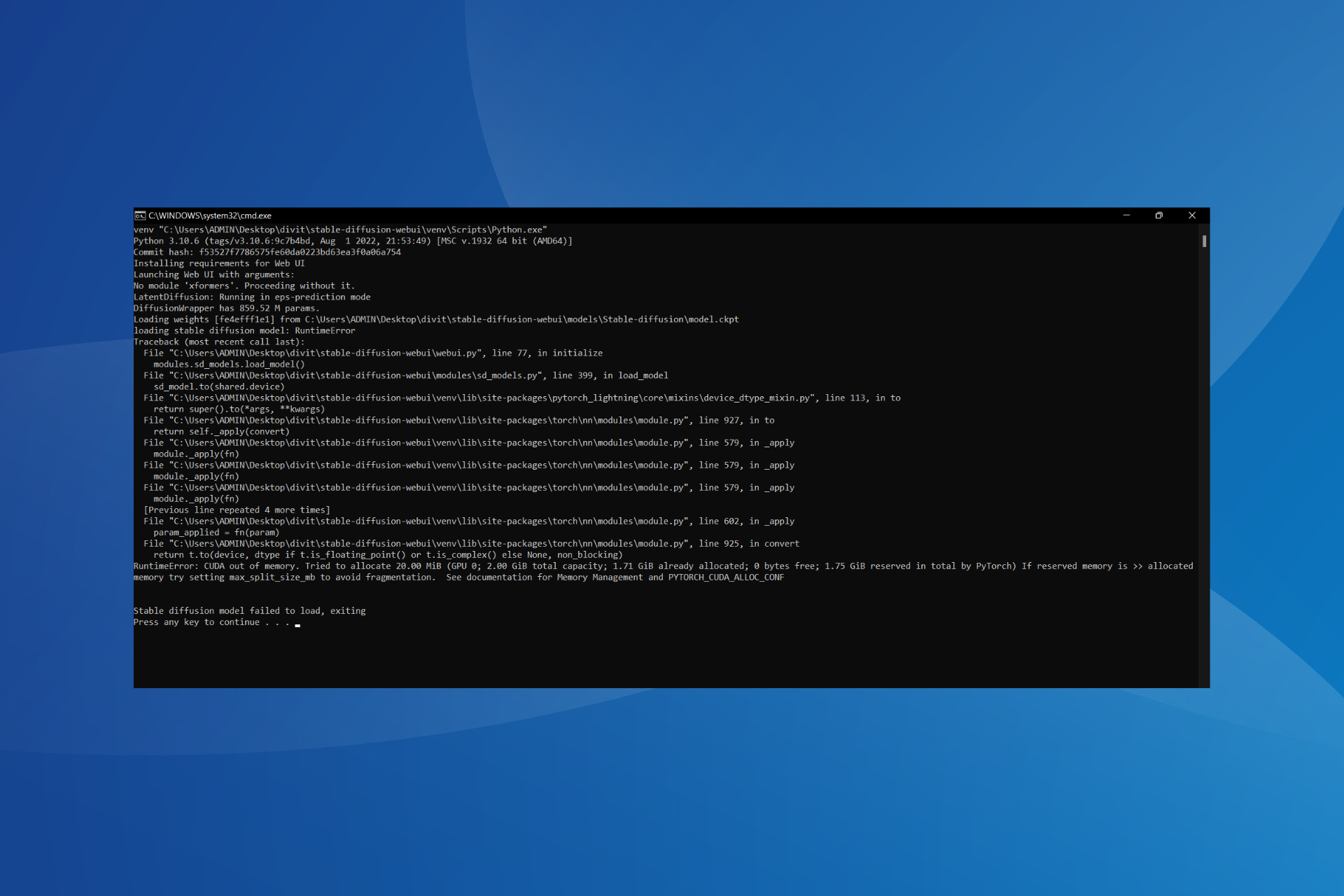 Stable-Diffusion-model-failed-to-load-exiting.png fix Stable Diffusion model failed to load, exiting in Windows