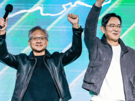 Samsung and NVIDIA Forge Major Partnership to Create 50,000-GPU AI Factory, Advancing AI-RAN and Innovative Technologies Two people raise fists on stage with one holding a microphone, set against a green and white graphical background.