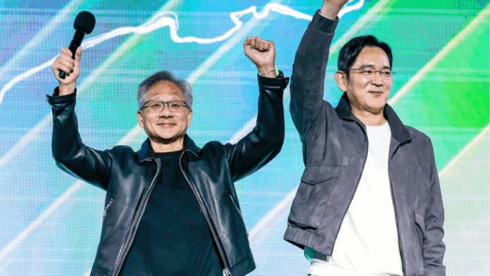 Untitled-design-10-728x410.png Two people raise fists on stage with one holding a microphone, set against a green and white graphical background.