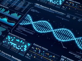 Digital interface showing a glowing DNA double helix surrounded by data visualizations, including charts, gene mapping, and profile matching tools—representing AI-assisted genomic analysis and its implications for cybersecurity and bioterrorism.