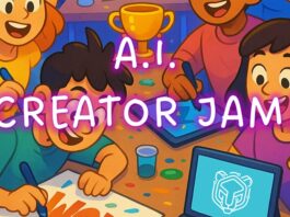 Illustration of happy people creating art together with the text “AI Creator Jam!”.