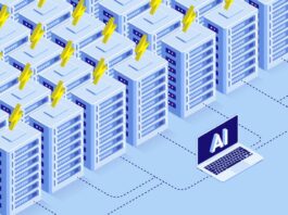 laptop with AI on it using energy from rows of servers with lightning bolts on top of them