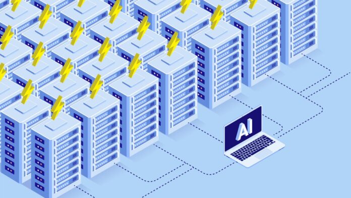 ai-energy-gettyimages-2166701874.jpg laptop with AI on it using energy from rows of servers with lightning bolts on top of them