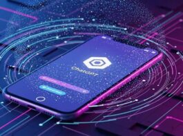 AI-powered chatbot technology on smartphone screen, featuring ChatGPT logo, in a futuristic digital network setting, emphasizing AI-driven communication and advanced tech solutions.
