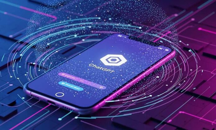 chatgpt-app-feature-1000x600.jpeg AI-powered chatbot technology on smartphone screen, featuring ChatGPT logo, in a futuristic digital network setting, emphasizing AI-driven communication and advanced tech solutions.
