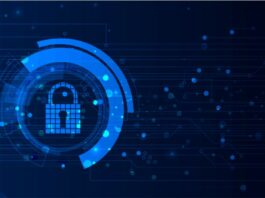 A digital padlock on a blue digital background.