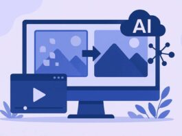 AI enhancing photo and video clarity on a digital screen with editing tools and quality icons