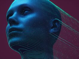 A conceptual 3D representation of a human head integrated with flowing neural network lines.