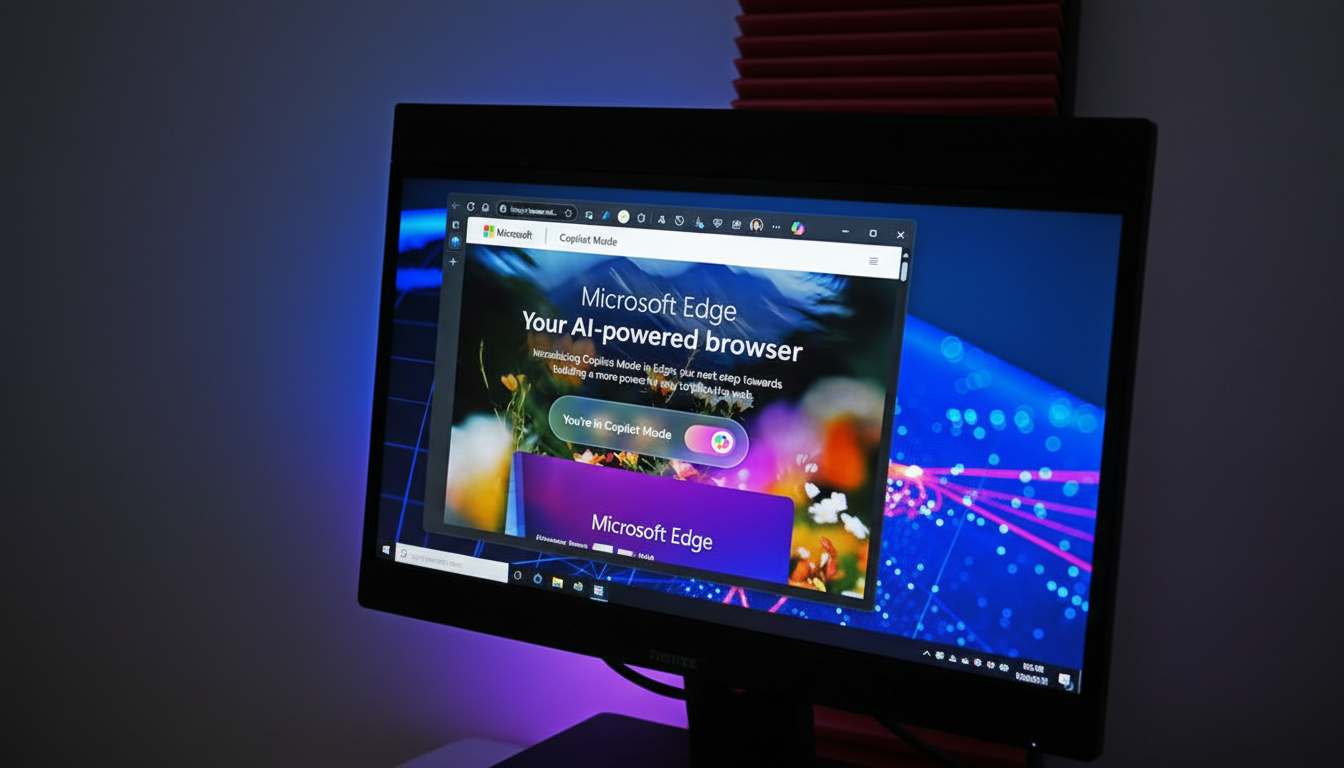 microsoft_edge_copilot_mode_edited_1761478131.png A computer monitor displaying the Microsoft Edge browser in Copilot Mode, with a dark background and blue and purple lighting.
