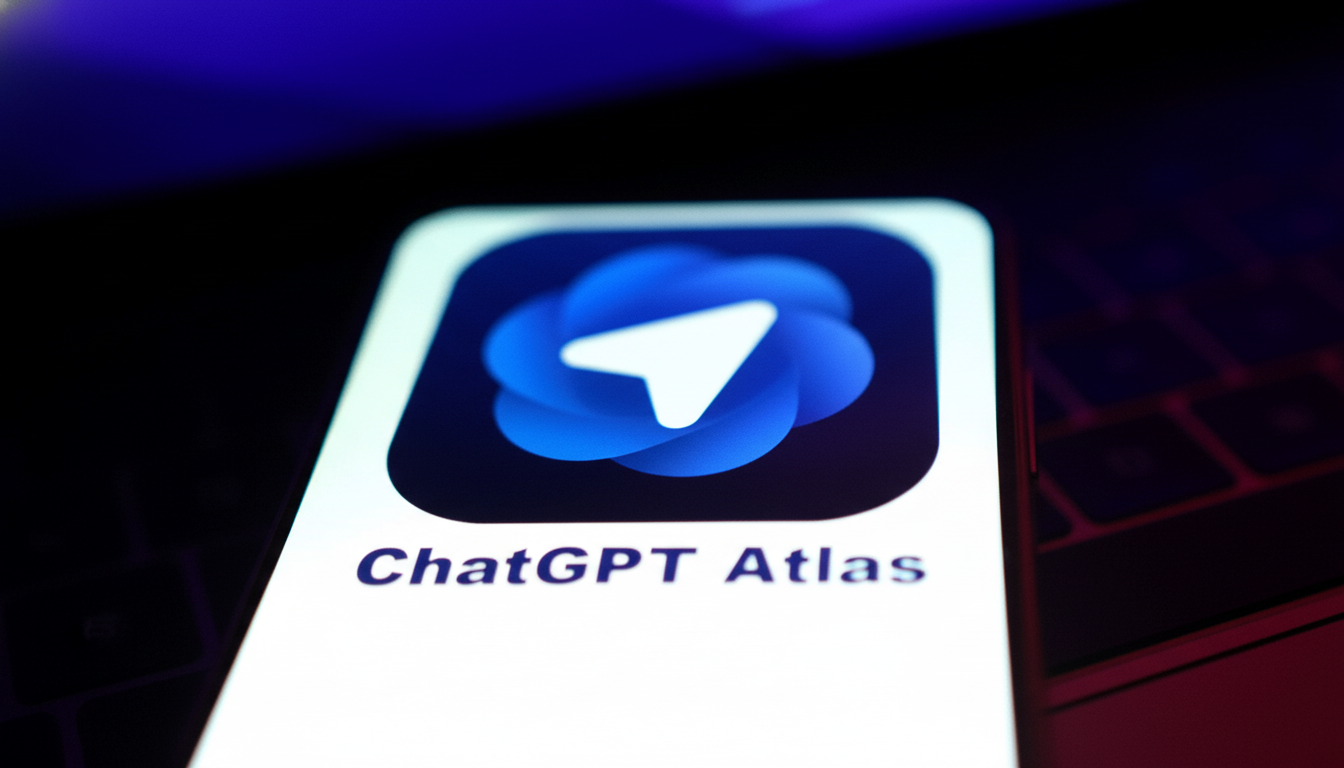 openai_atlas_kicks_off_ai_browser_audience_debate_edited_1761520354.png A smartphone screen displaying the ChatGPT Atlas app icon, which features a blue, swirling design with a white paper airplane symbol in the center. The phone is held against a dark, out-of-focus background with hints of purple light.