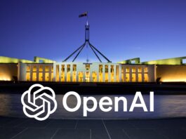 OpenAI logo superimposed on an evening shot of Parliament House, Canberra