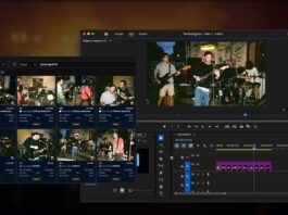 A screenshot shows Peakto software displaying concert photos and Adobe Premiere Pro with a video editing timeline featuring a band performing live on stage.