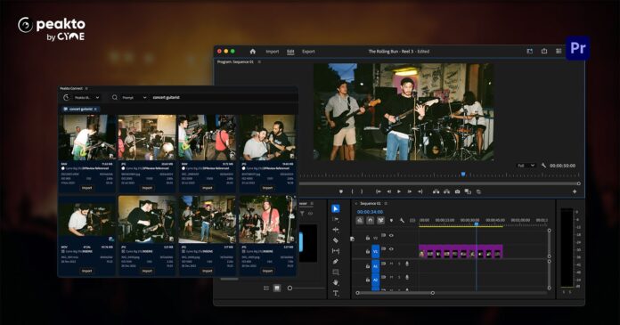 peakto-premiere-pro-plugin-featured.jpg A screenshot shows Peakto software displaying concert photos and Adobe Premiere Pro with a video editing timeline featuring a band performing live on stage.