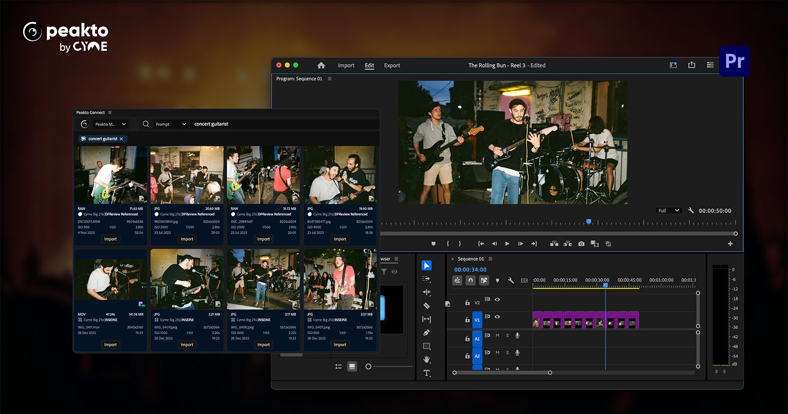peakto-premiere-pro-plugin-featured.jpg A screenshot shows Peakto software displaying concert photos and Adobe Premiere Pro with a video editing timeline featuring a band performing live on stage.