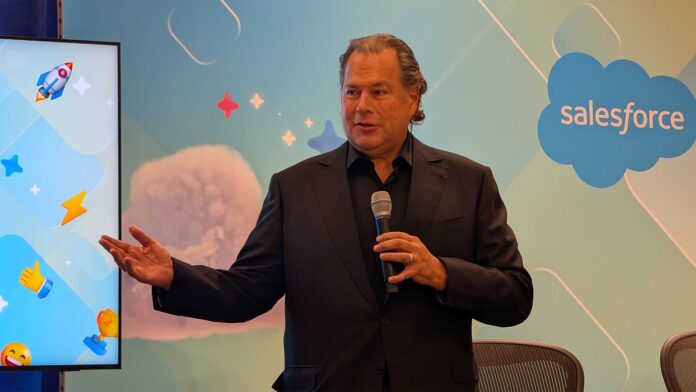 Salesforce CEO Marc Benioff pictured during a media Q&amp;A session at the Dreamforce 2025 conference in San Francisco, USA.