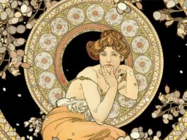 Alphonse Mucha painting of a woman in Art Nouveau style