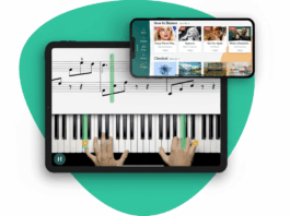 A tablet displaying a piano learning app with sheet music and hands on a virtual keyboard, and a smartphone showing the apps course selection screen, all set against a teal and white background.