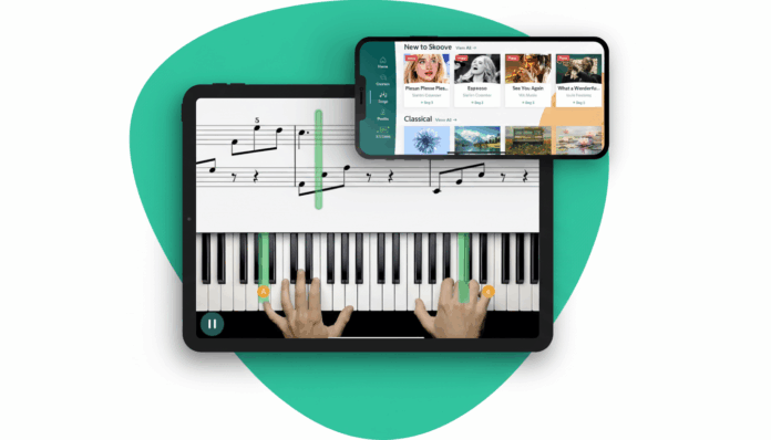 skoove_edited_1761490609.png A tablet displaying a piano learning app with sheet music and hands on a virtual keyboard, and a smartphone showing the apps course selection screen, all set against a teal and white background.