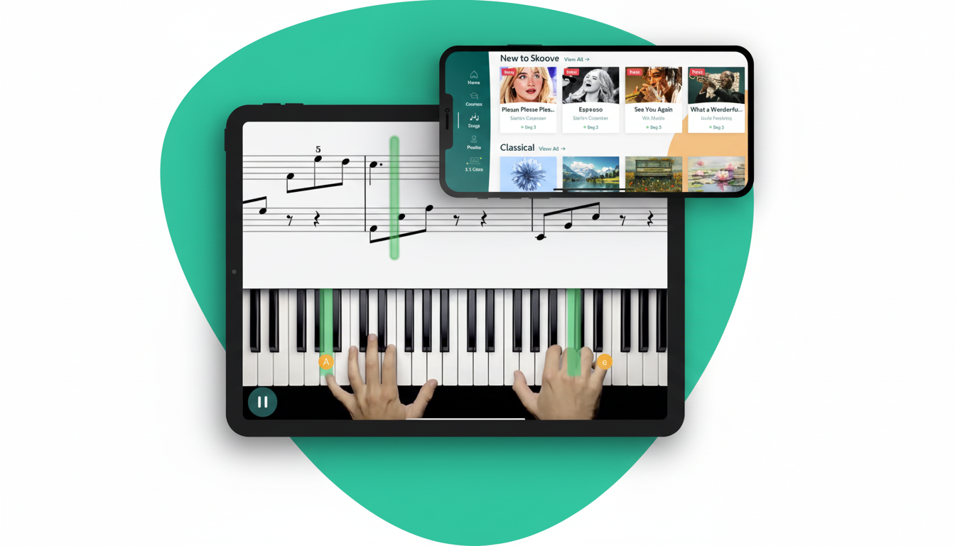skoove_edited_1761490609.png A tablet displaying a piano learning app with sheet music and hands on a virtual keyboard, and a smartphone showing the apps course selection screen, all set against a teal and white background.