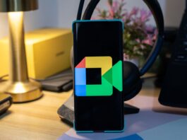 Google Meet logo on a phone screen