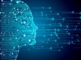 An AI face in profile against a digital background.