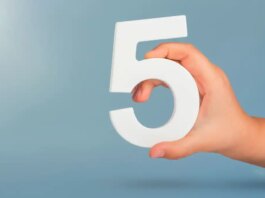 Five, 5, a person's hand holding the number 5