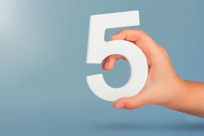 Five, 5, a person's hand holding the number 5