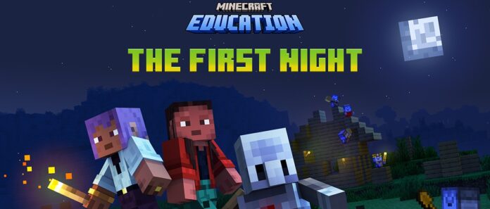 Two Minecraft characters stand under a bright moon, one holding a torch beside a robot-like character, with a village and mobs in the background