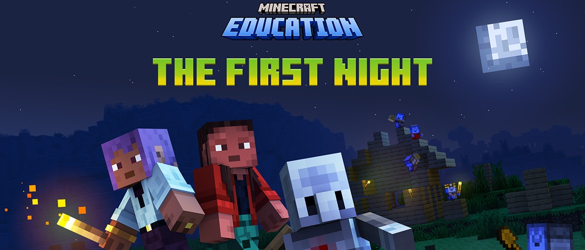 MEDU_HOUROFAI_HEADER.jpg Two Minecraft characters stand under a bright moon, one holding a torch beside a robot-like character, with a village and mobs in the background