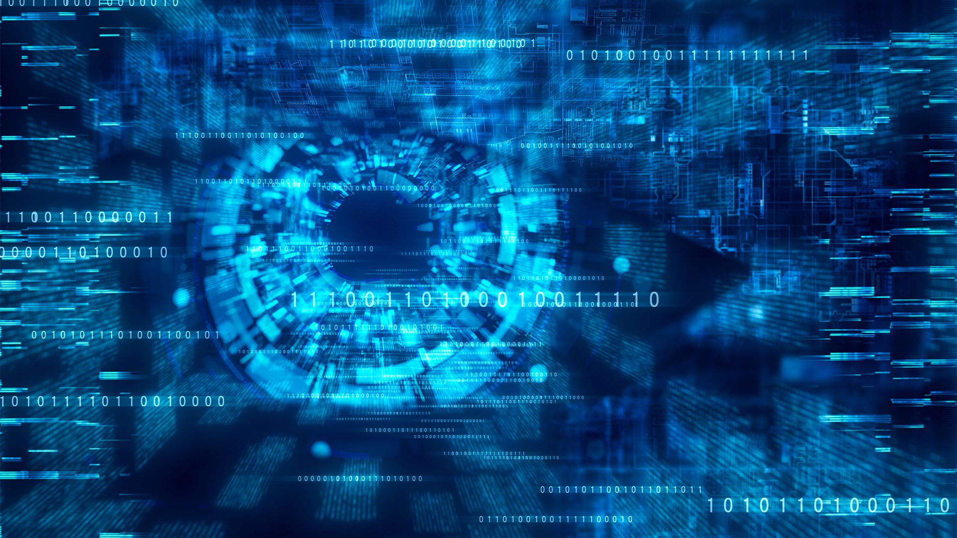 SDJ7bts4q7L4Ni743DoLPD-1920-80.jpg AI ransomware and cyber crime concept image showing a digitized human eye observing networks with computer code.