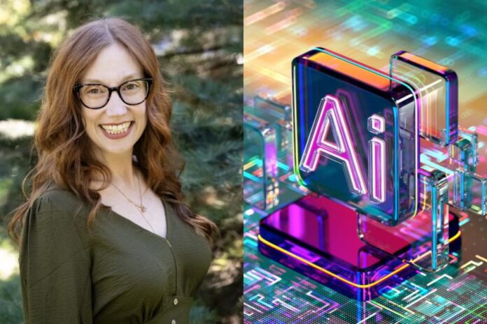 Digital abstract image of artificial Intelligence and machine learning concept next to a headshot image of Lindsay Matts-Benson.