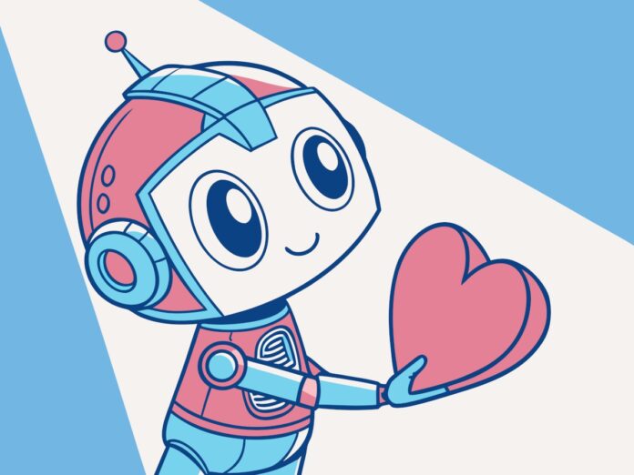 A cheerful robot illustration holding out a heart.