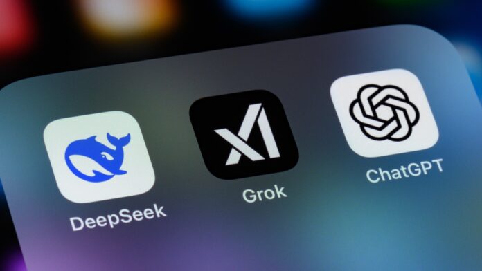 Artificial Intelligence AI Assistant Apps - DeepSeek, xAI Grok, OpenAI ChatGPT stock photo