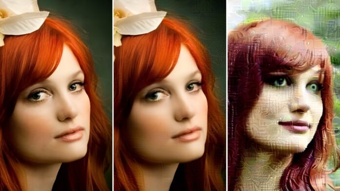 Three pictures of a red-headerd woman with different affects applied.