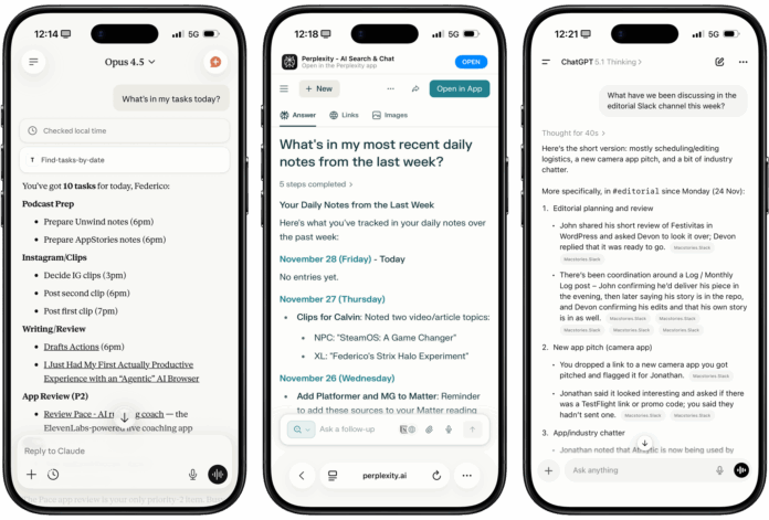 Different experiences with app connectors in Claude, Perplexity, and ChatGPT.