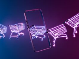 Neon purple shopping carts on a blue background, with a phone case shown (gettyimages-1777826378)
