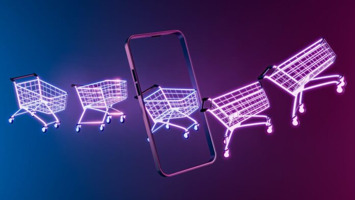 Neon purple shopping carts on a blue background, with a phone case shown (gettyimages-1777826378)