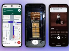 Mobile GPS navigation app displaying driving directions and traffic updates.