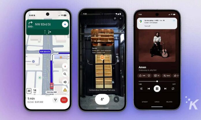 Mobile GPS navigation app displaying driving directions and traffic updates.