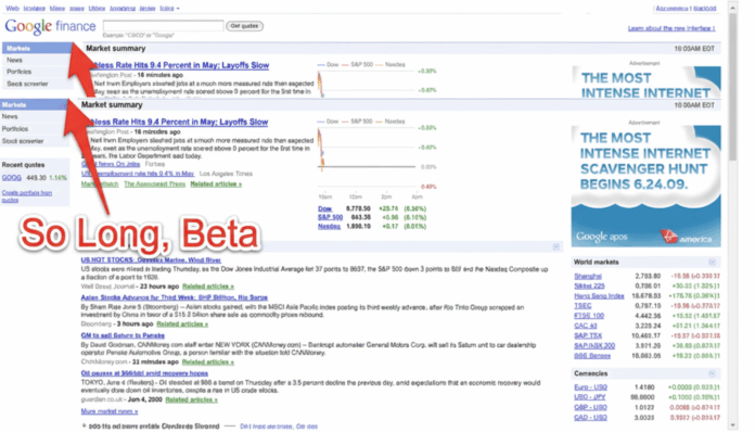 A screenshot of the Google Finance homepage with a red arrow pointing to the Markets tab and the text So Long, Beta overlaid at the bottom.