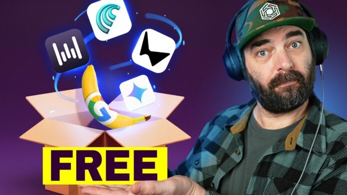 Overview graphic highlighting 11 free AI tools across chat, design, video, music, and 3D, labeled with app names.