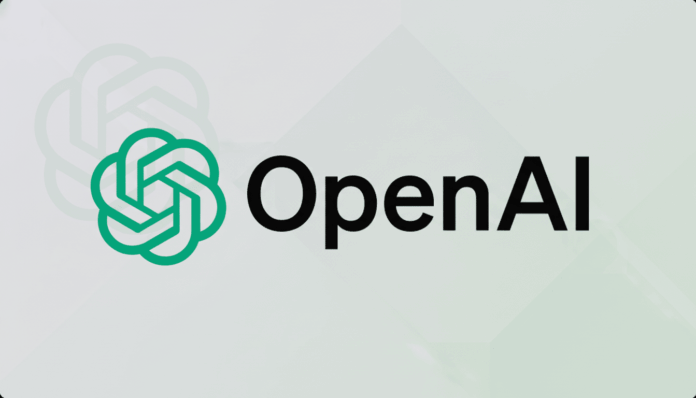 The OpenAI logo, featuring a green knot-like symbol to the left of the black text OpenAI, presented on a professional light gray background with a subtle, faded pattern of the logo.