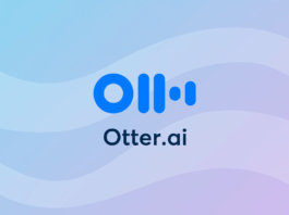 The Otter.ai logo and text on a professional flat design background with soft blue and purple gradients and subtle wave patterns.