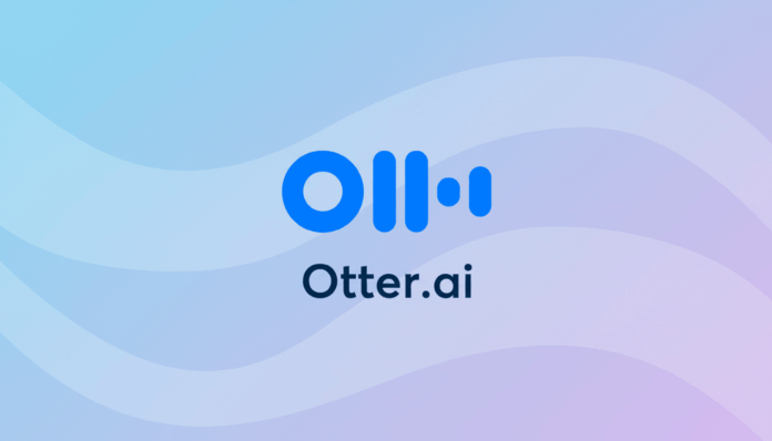 The Otter.ai logo and text on a professional flat design background with soft blue and purple gradients and subtle wave patterns.