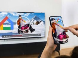 Google Hub on smartphone and TV in living room