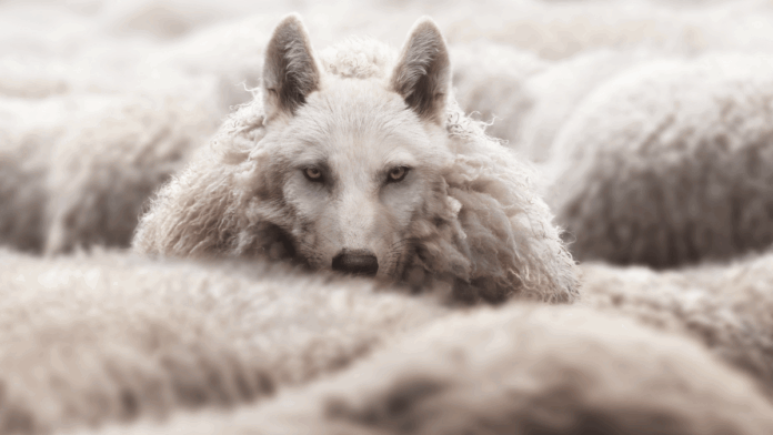 Image of wolf disguised as a sheep among a flock of sheep