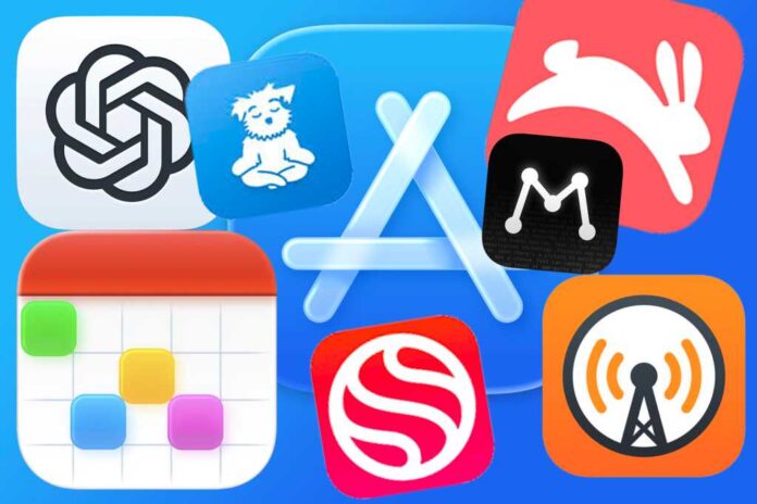 graphic with 7 app icons: chatgpt, matter, fantastical, hopper, overcast, down dog, spond