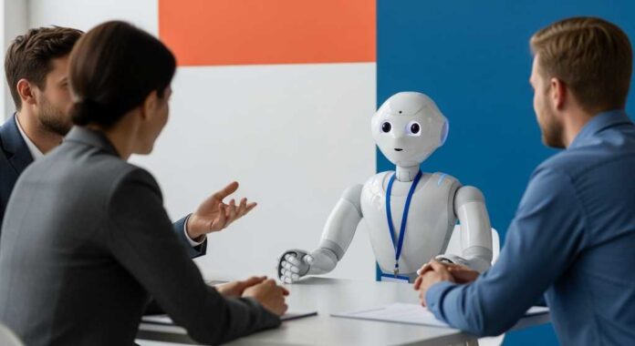 photo of an agentic AI robot in a meeting with humans