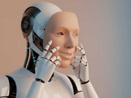 Illustration of robot holding a human face mask