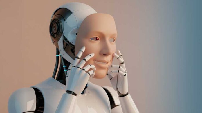 Illustration of robot holding a human face mask